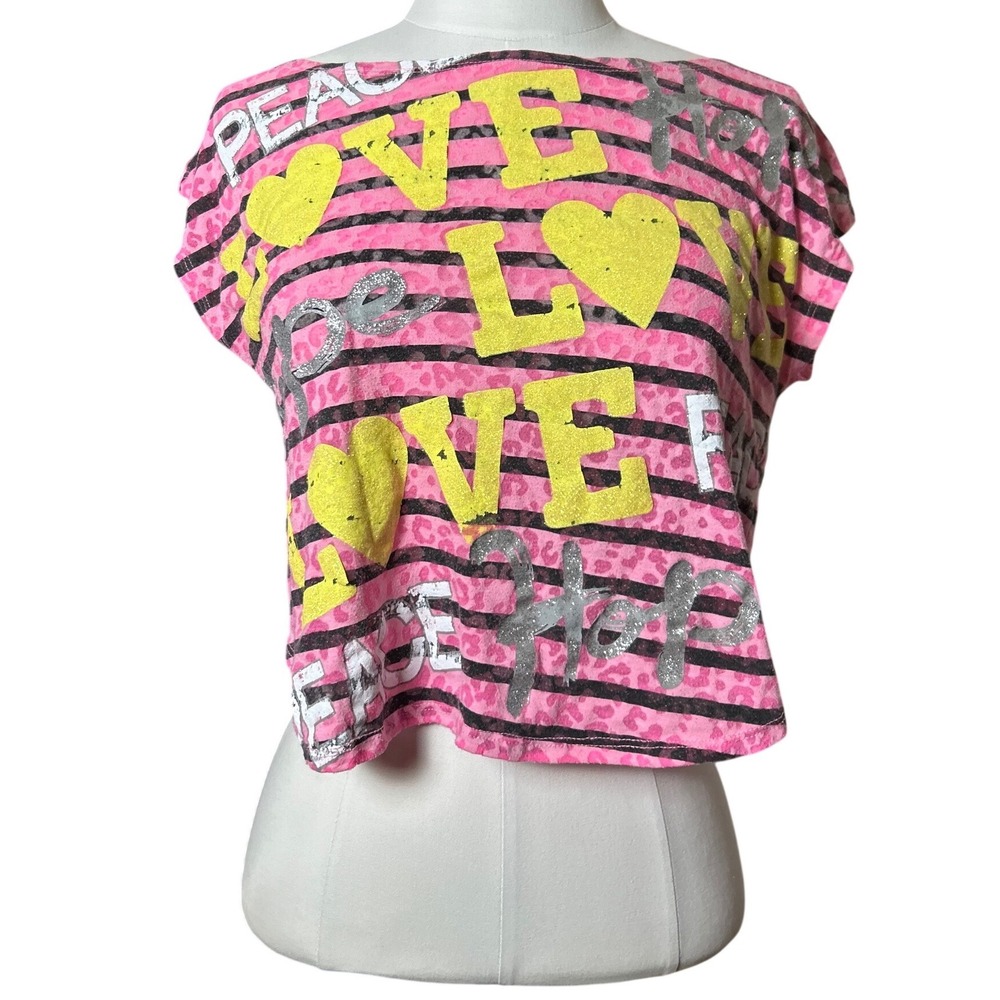 Y2K Justice Pink Leopard Sheer Peace McBling Glitter Crop‎ Top Shirt 2000s
